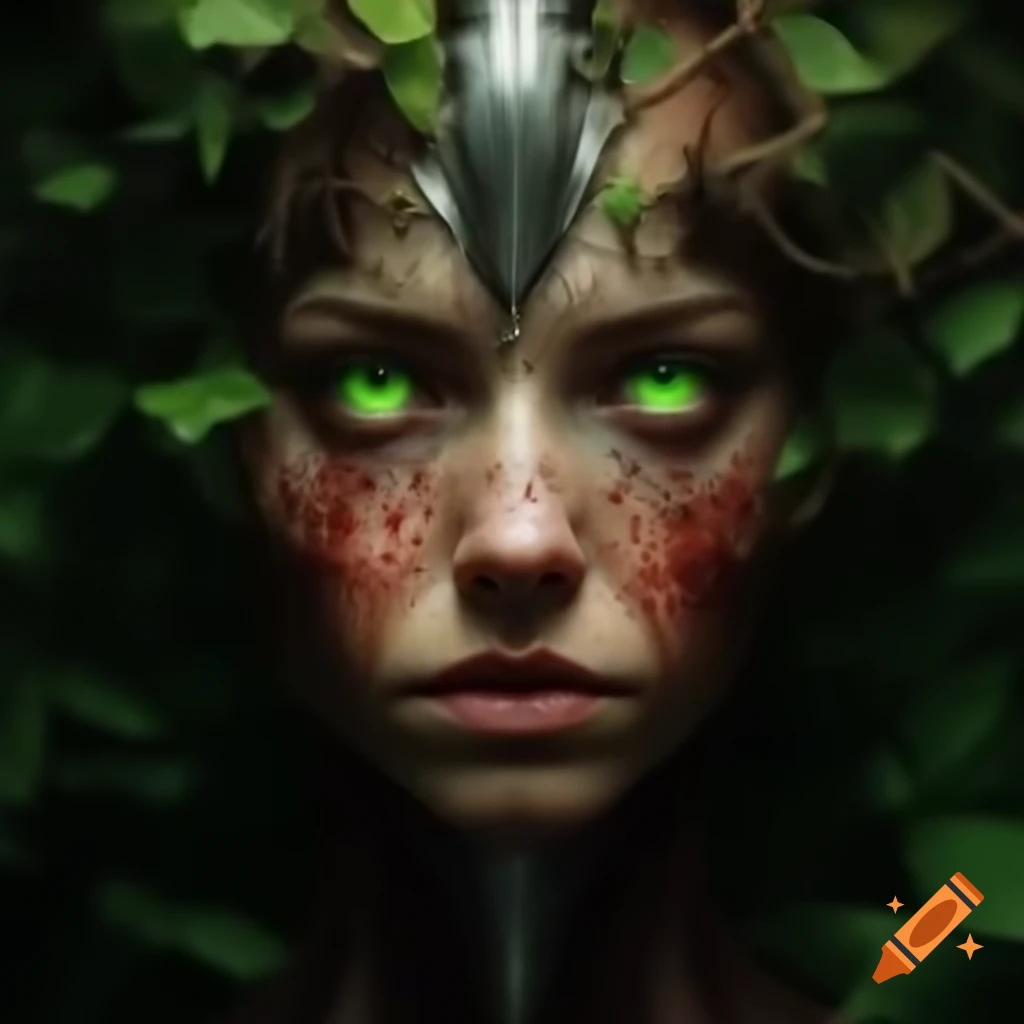 Humanoid with brunette woman's face amidst plants and animals