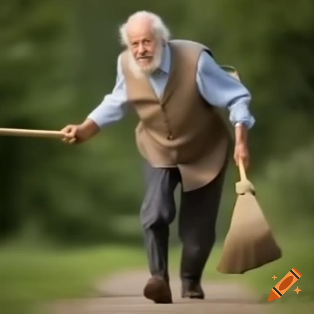 Grandfather playfully running with a broom