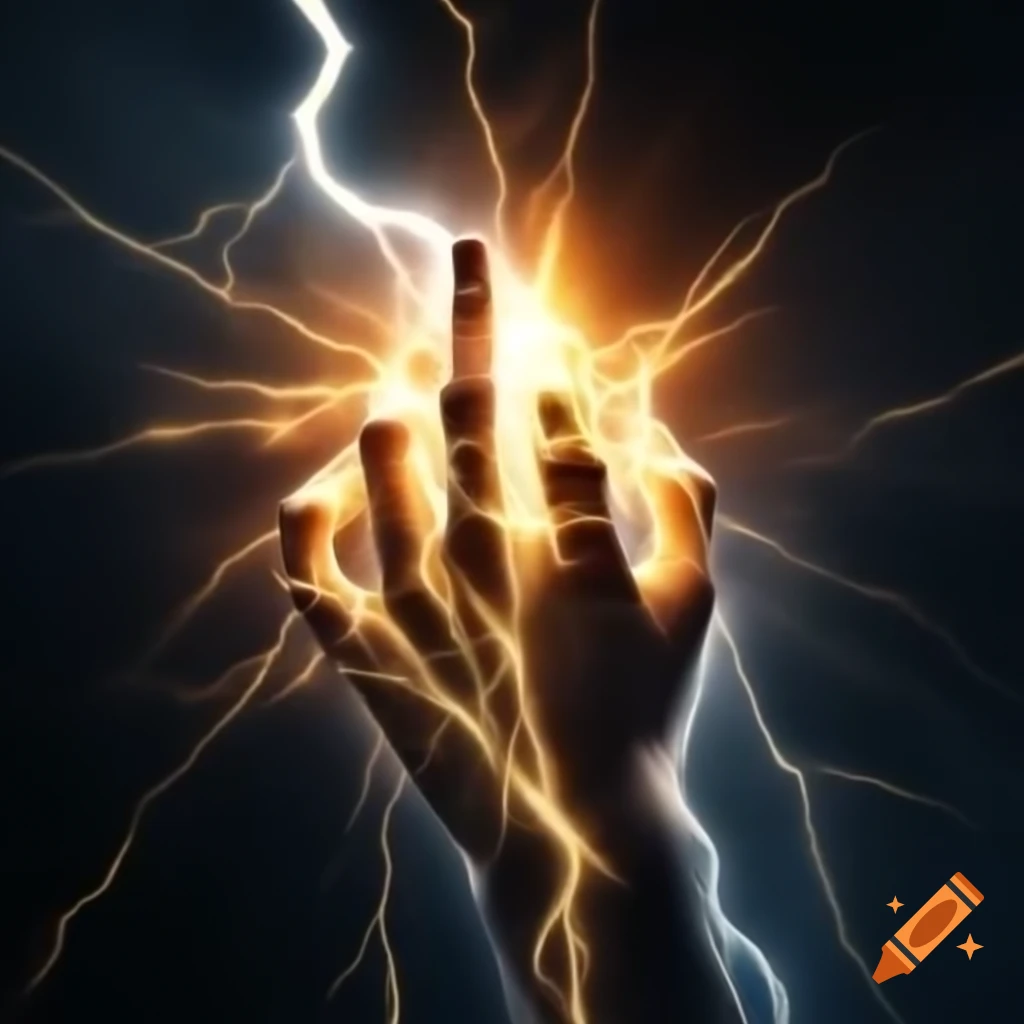 Powerful hand gripping lightning bolt with sparks and electric rays in gold color