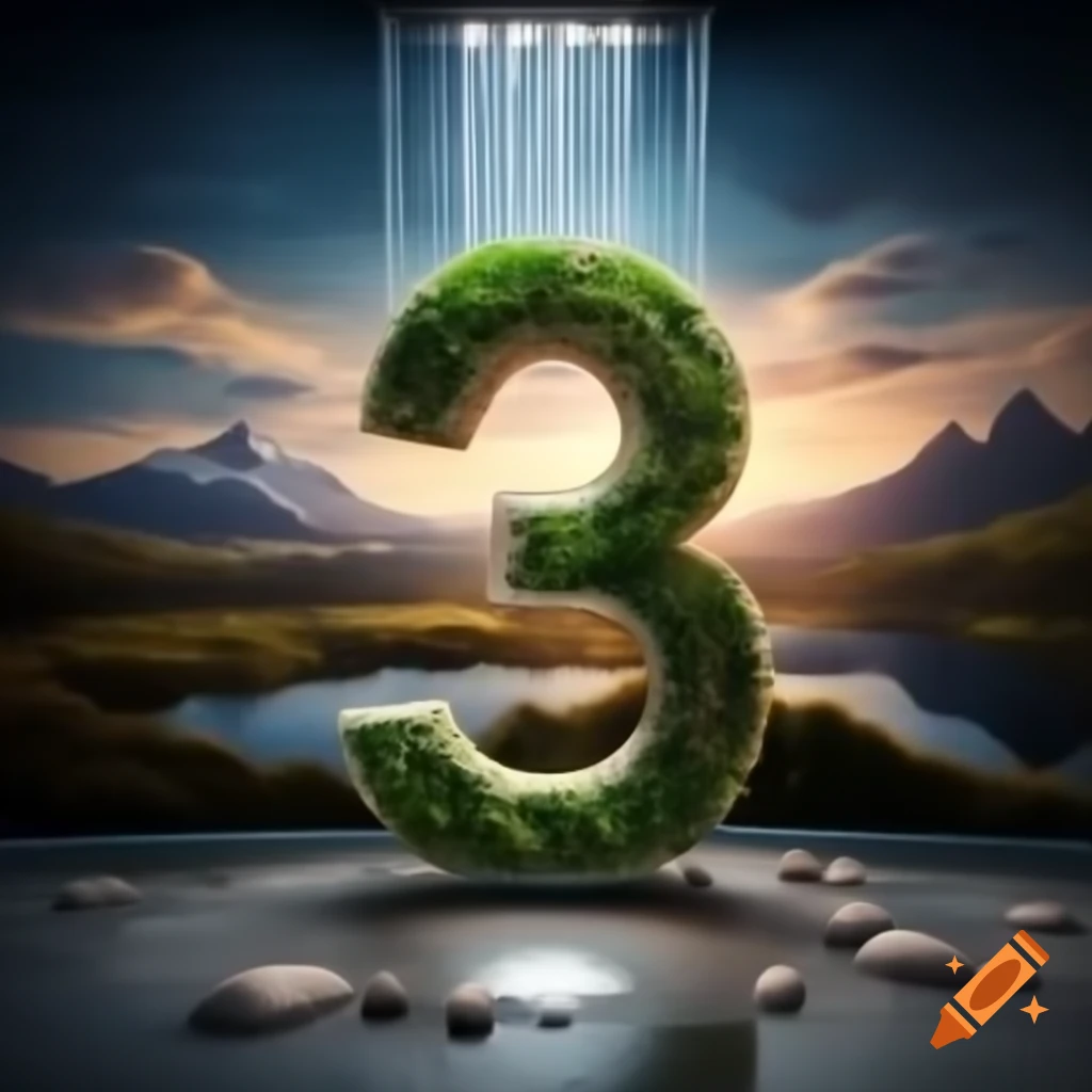 The number 34 against a beautiful landscape with light rain