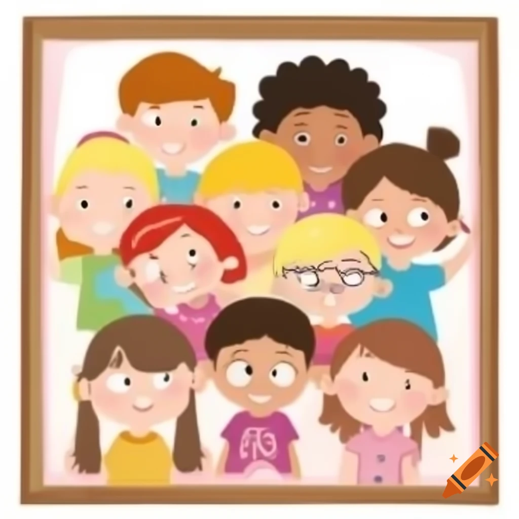 Cartoon illustration of diverse first-grade kids in a framed scene