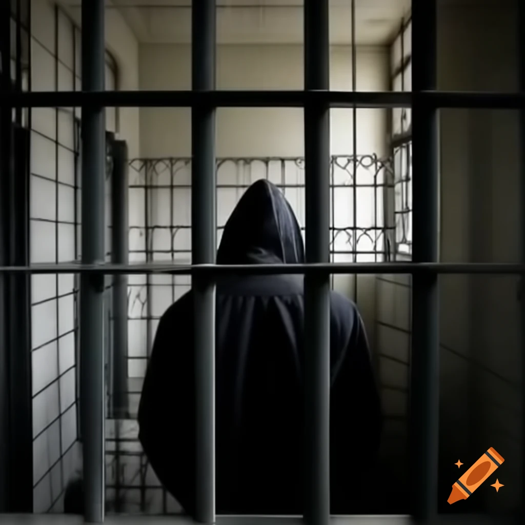 Pavel Durov in black raincoat behind prison bars with light coming from window