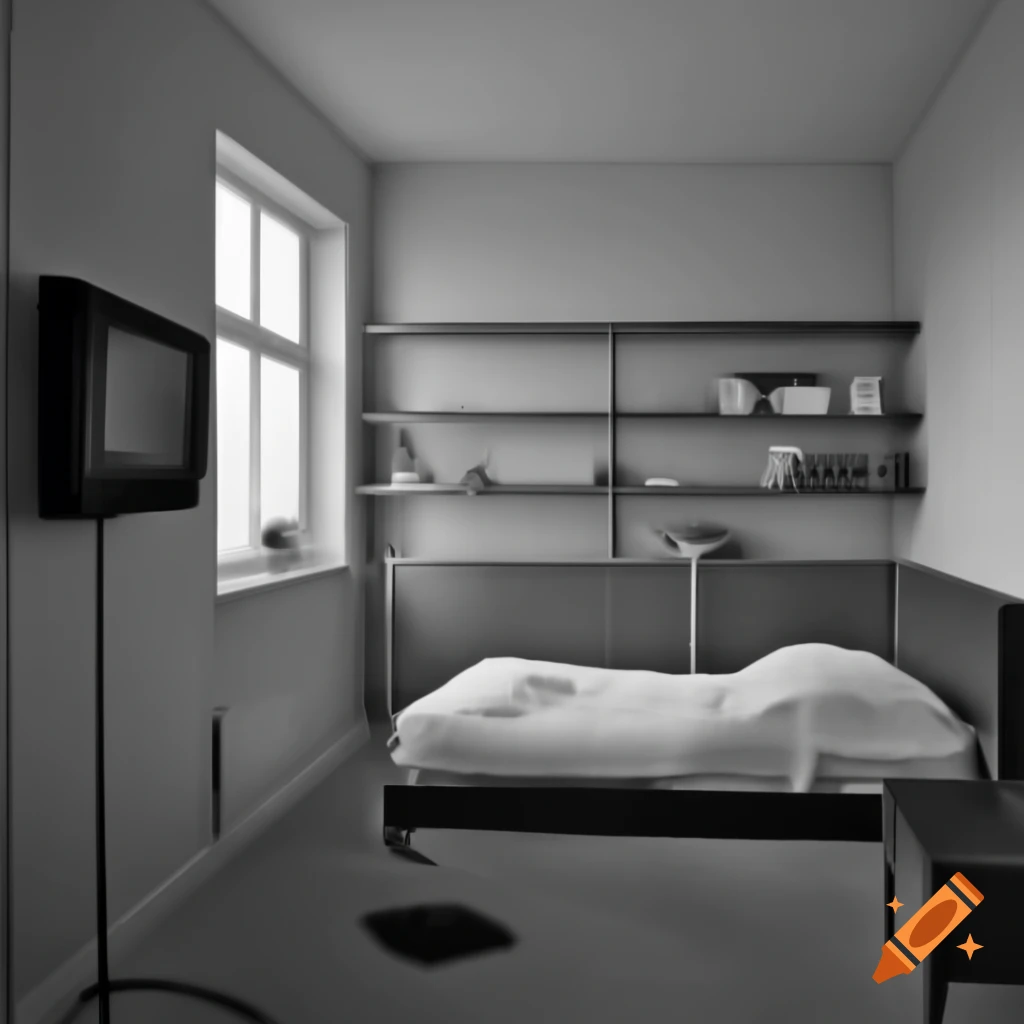 Modern bedroom design featuring bed, TV, monitor with desk, and shelves