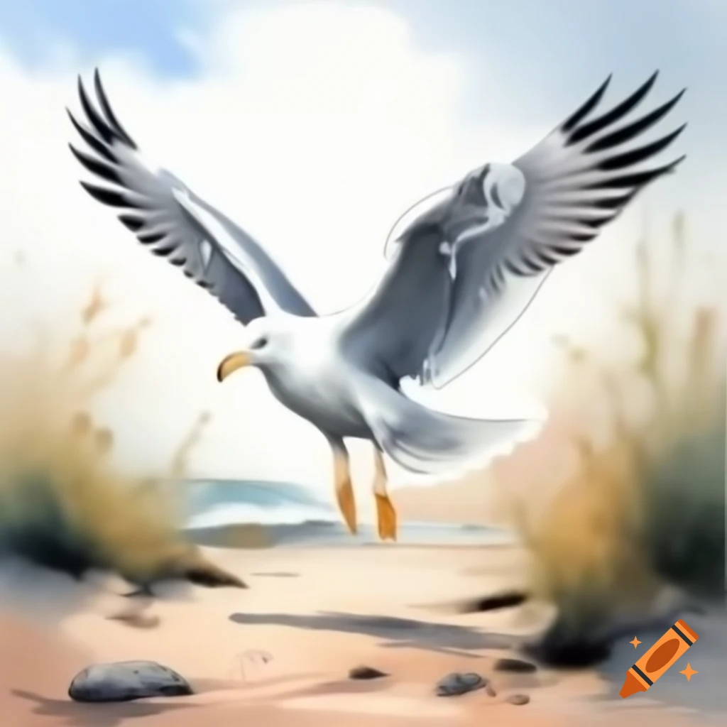 Seagull with eagle wings and beak hovering over sandy path in watercolor