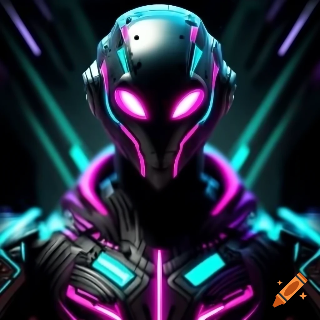 Alien reunion in cyberpunk style with abstract colors and dramatic lighting