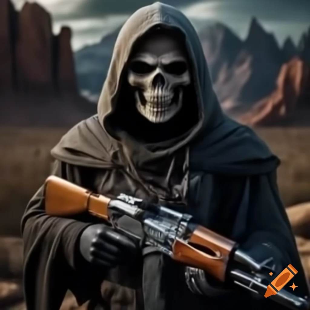 Realistic reaper character holding AK-47 in desert setting