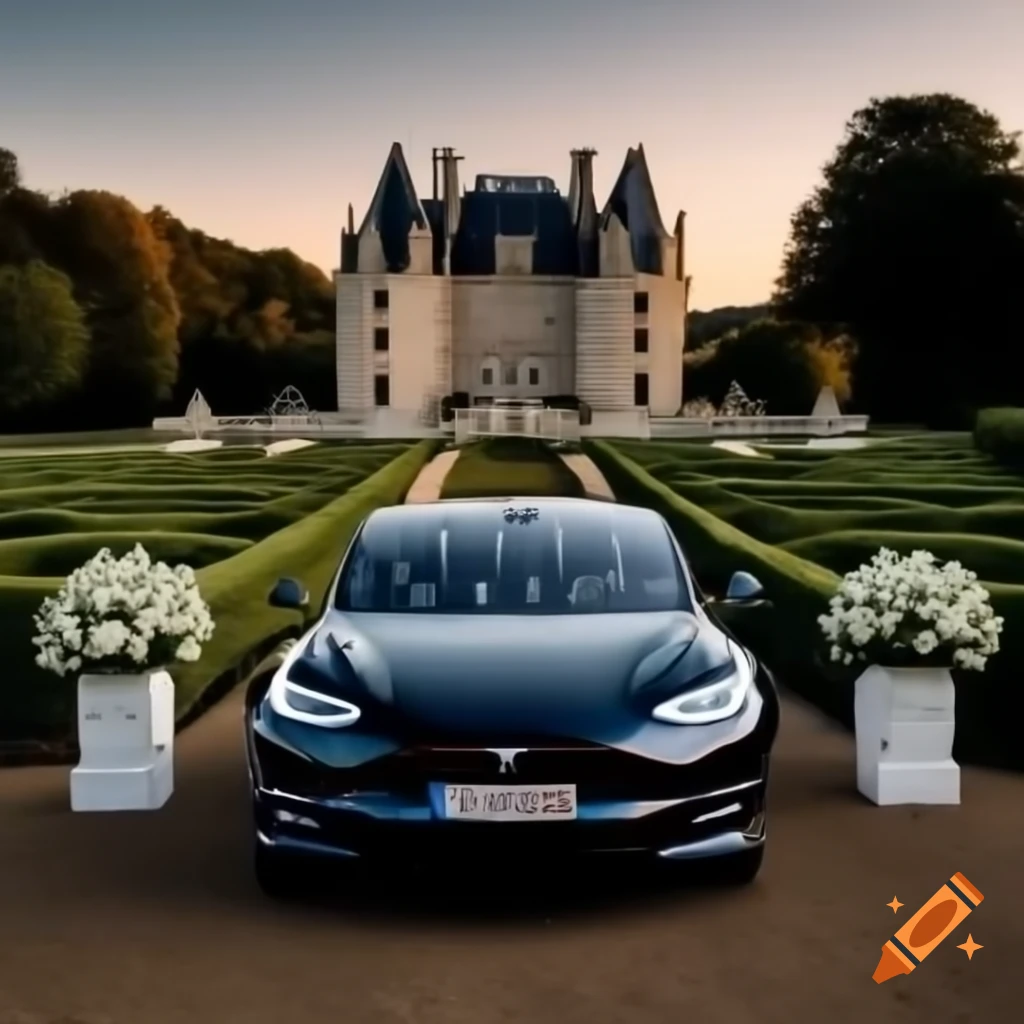 2022 black Tesla Model 3 decorated for wedding with flowers and ribbons
