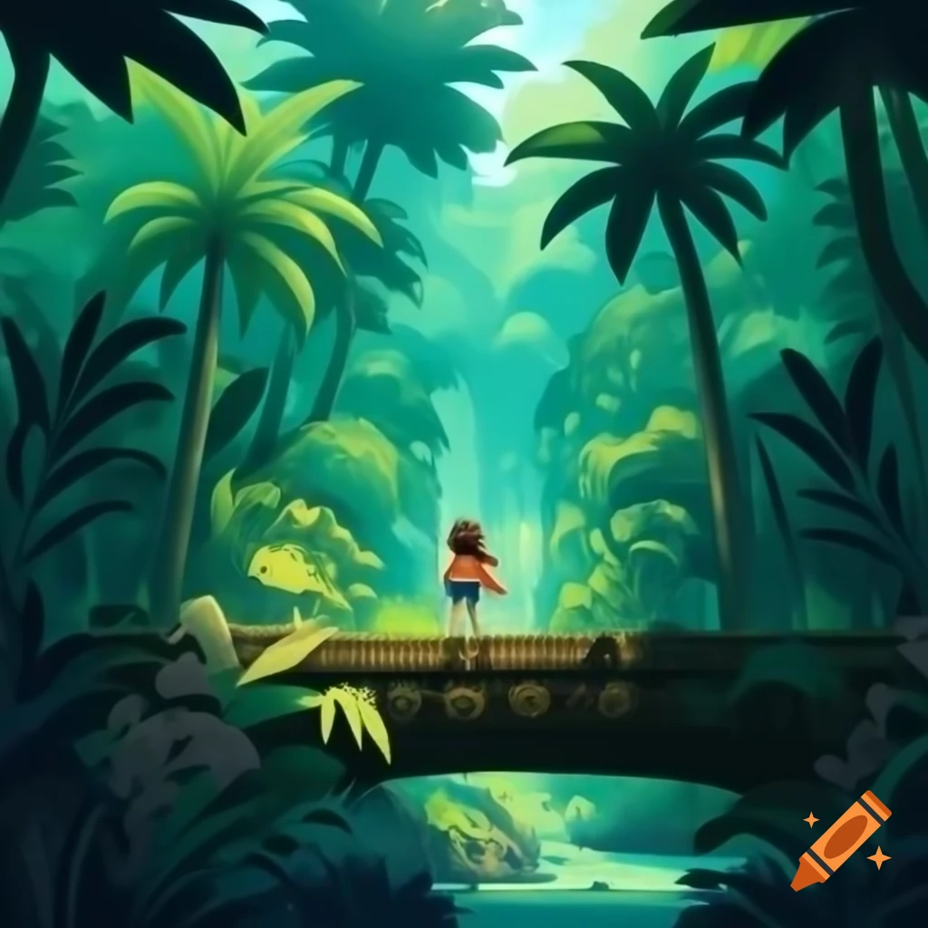 Retro jungle platform video game scene