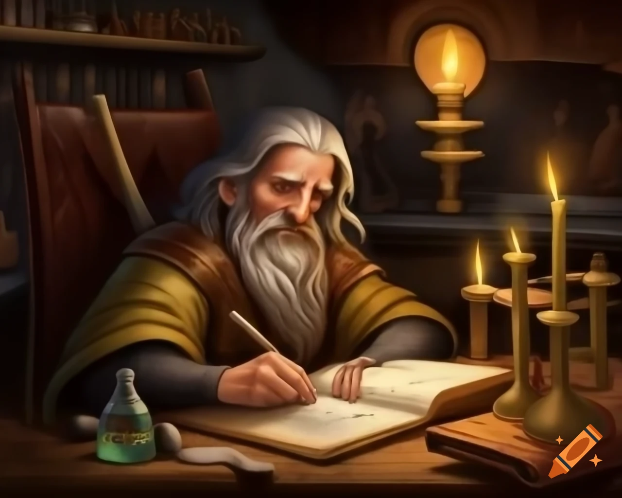 Old medieval alchemist in laboratory writing by candle light