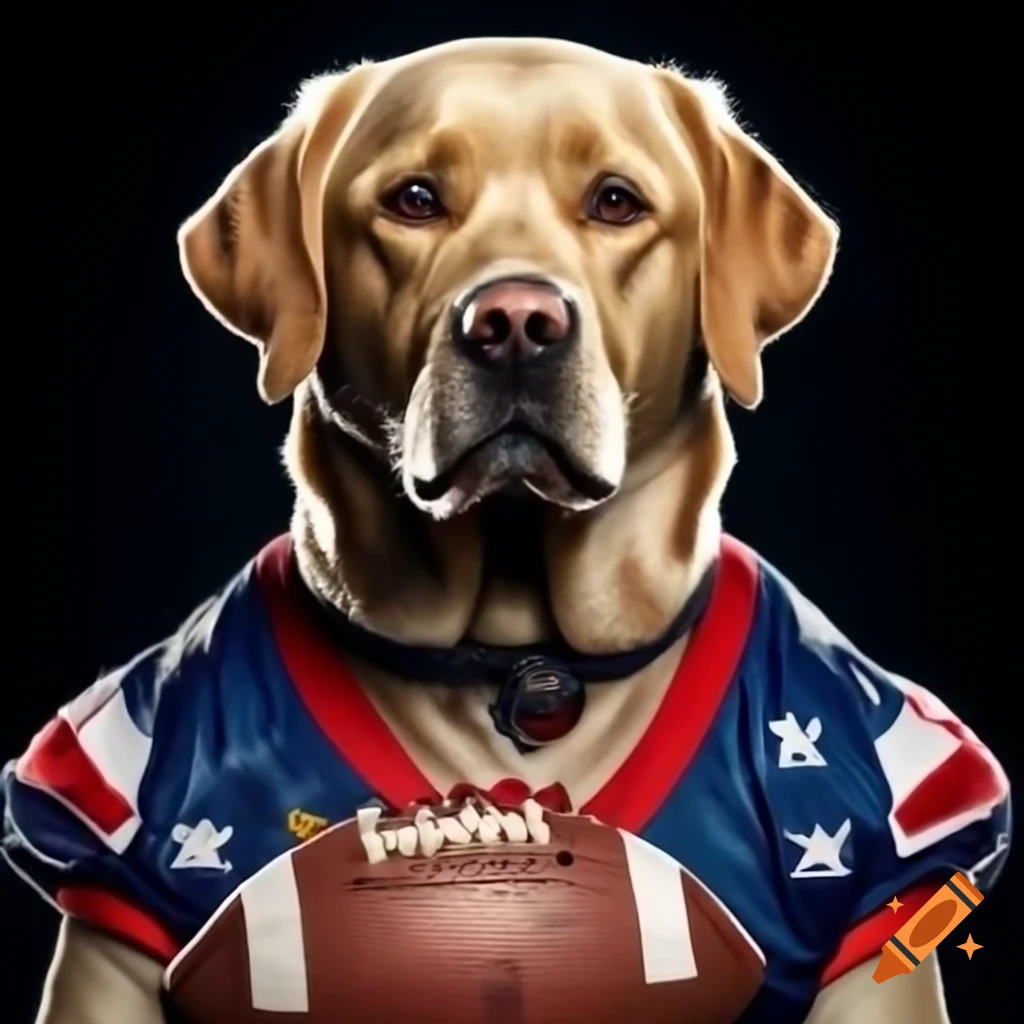 Labrador retriever in football jersey featuring logo, digital art