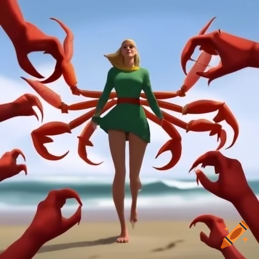 Superhero woman with crab claws protecting beach from villains