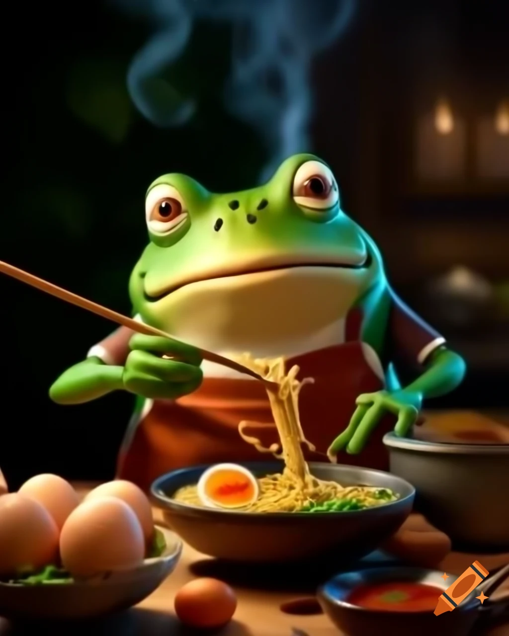 Anthropomorphic frog cooking fried eggs and ramen in cozy Pixar Disney 3D animation