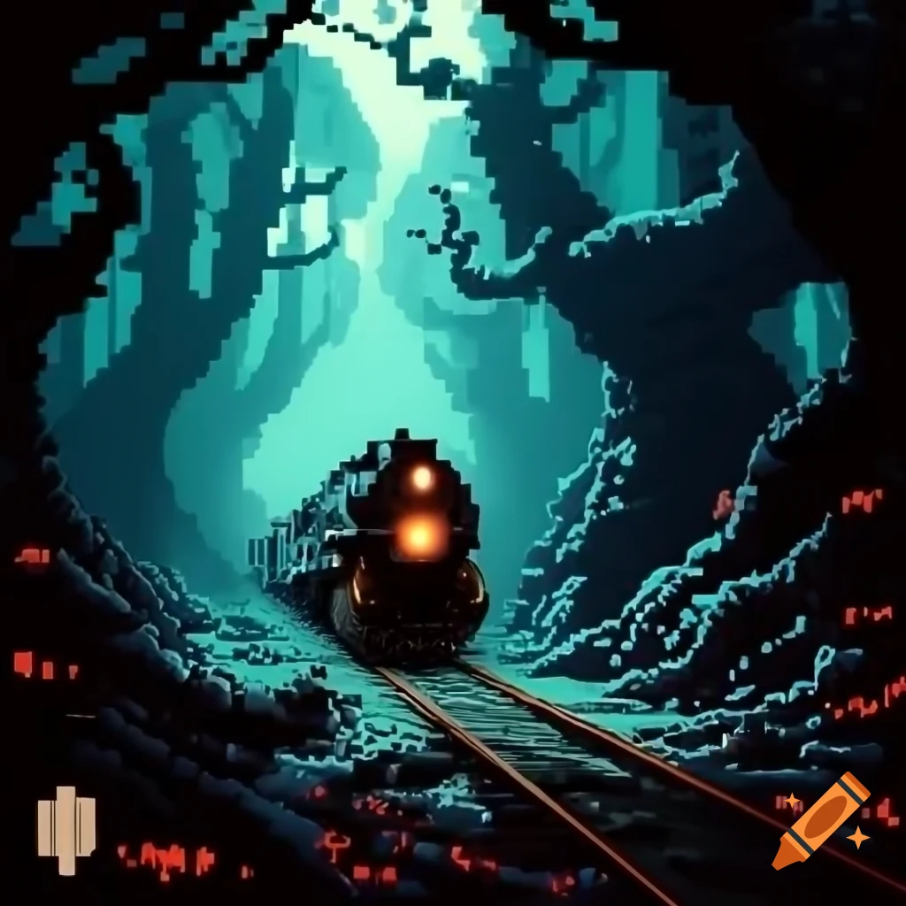 Pixel art train traveling through foggy Arkham forest, with interior view