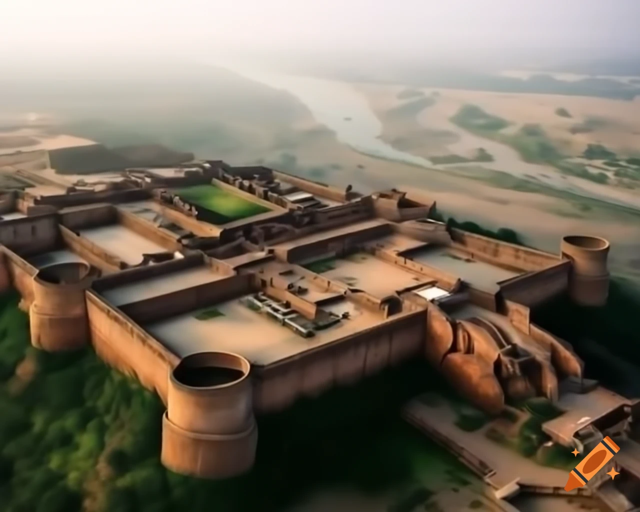 Aerial view of ancient fortified city of Sisupalgarh with rectangular stone walls from 3rd century BCE