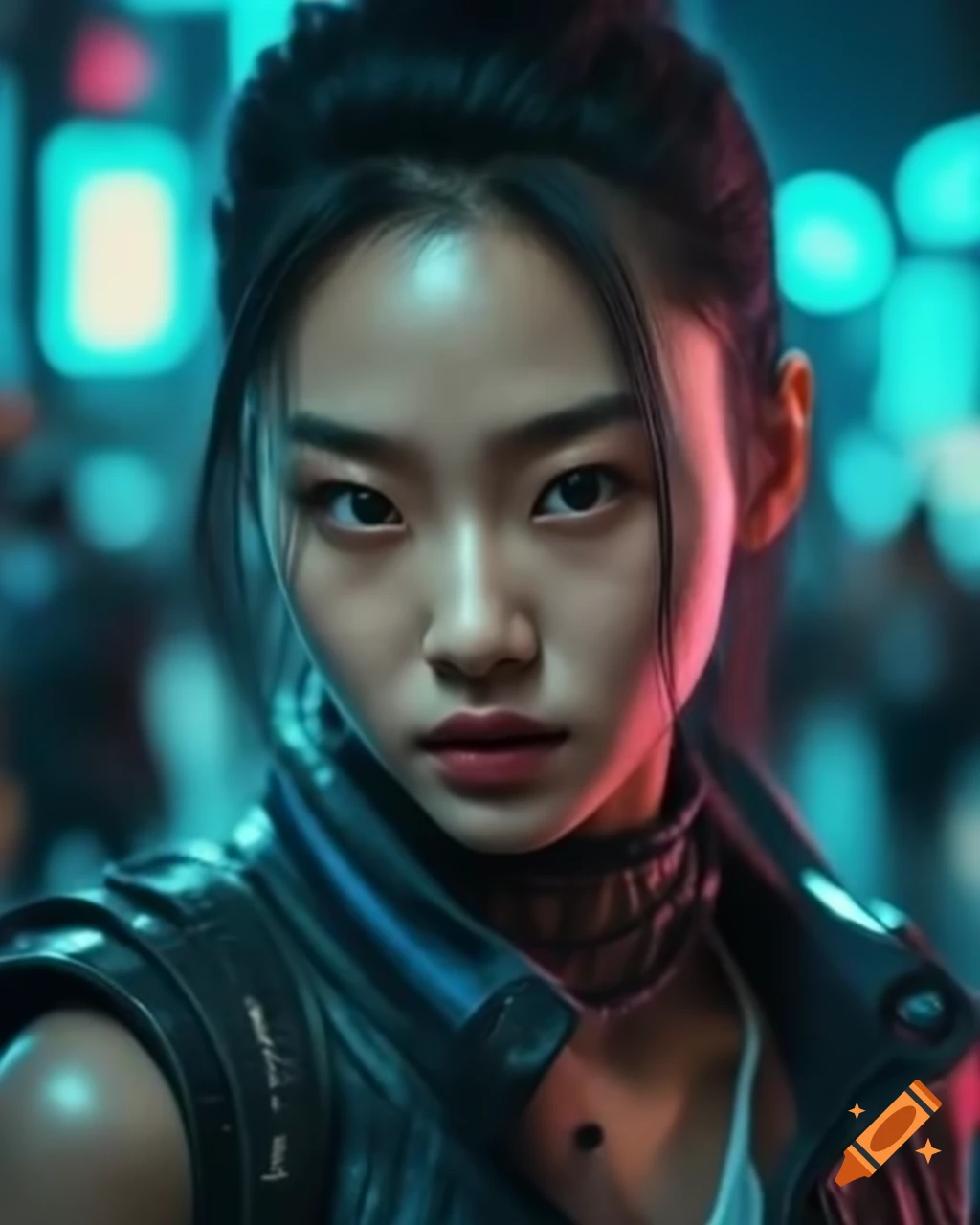 Cyberpunk styled Korean woman, 18 years old