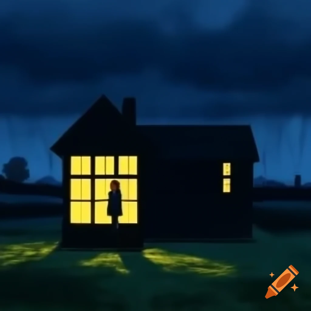 Young woman alone in dark house during stormy night with rain on windows