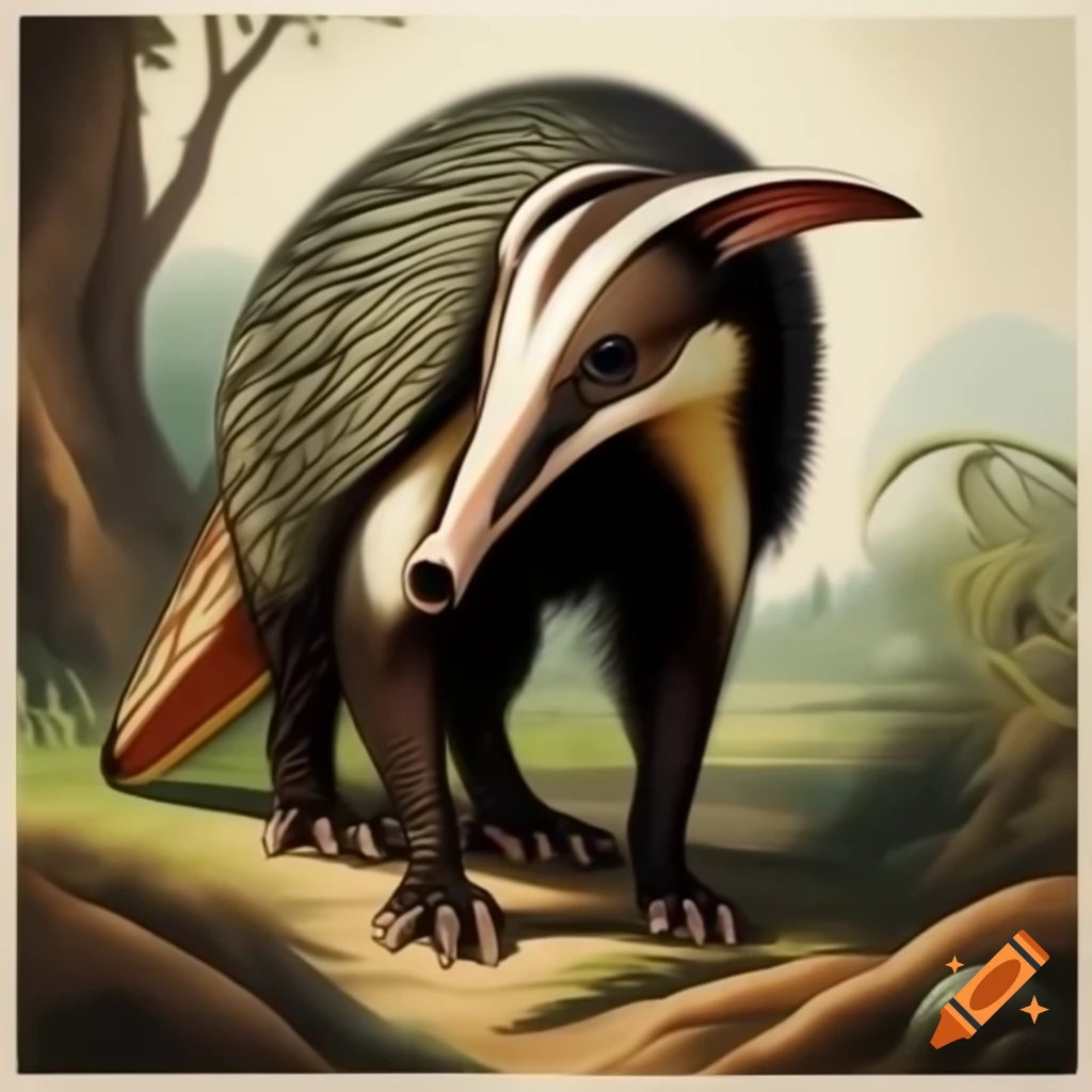Giant anteater illustration in natural habitat showcasing long snout and patterned fur
