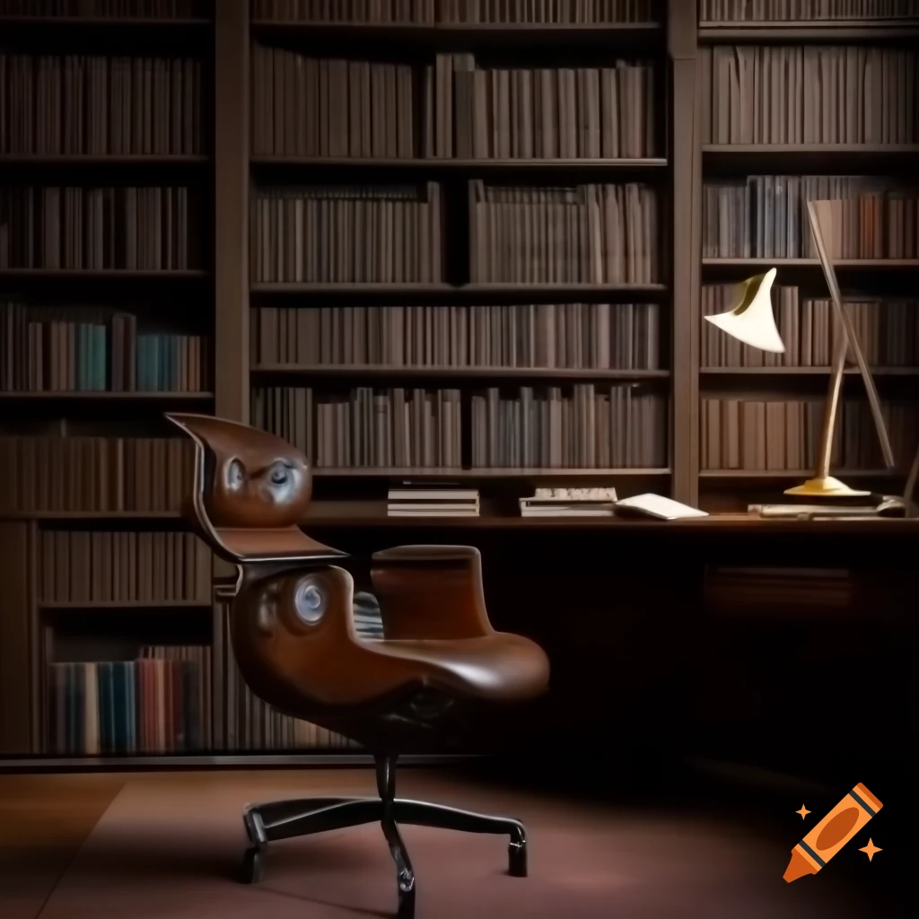 Impressionist dark wood study with library, Eames chair, reading lamp, and globe