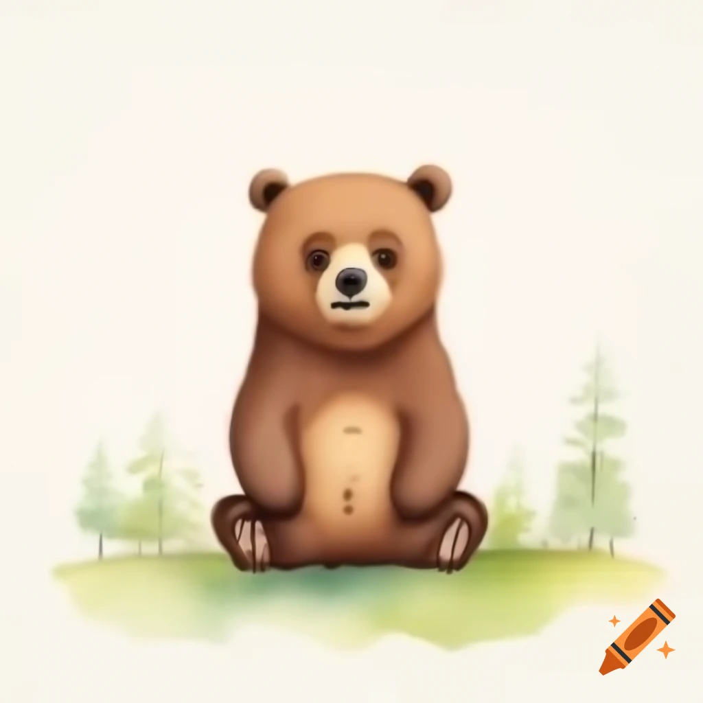 Cartoon bear sitting in front view on white background, watercolor style