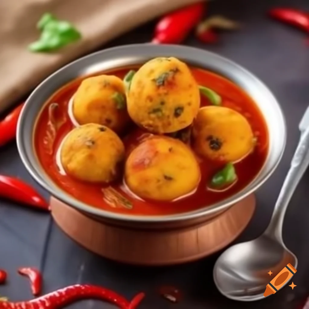 Indian style fried egg balls dipped in red sauce curry with onions and capsicum