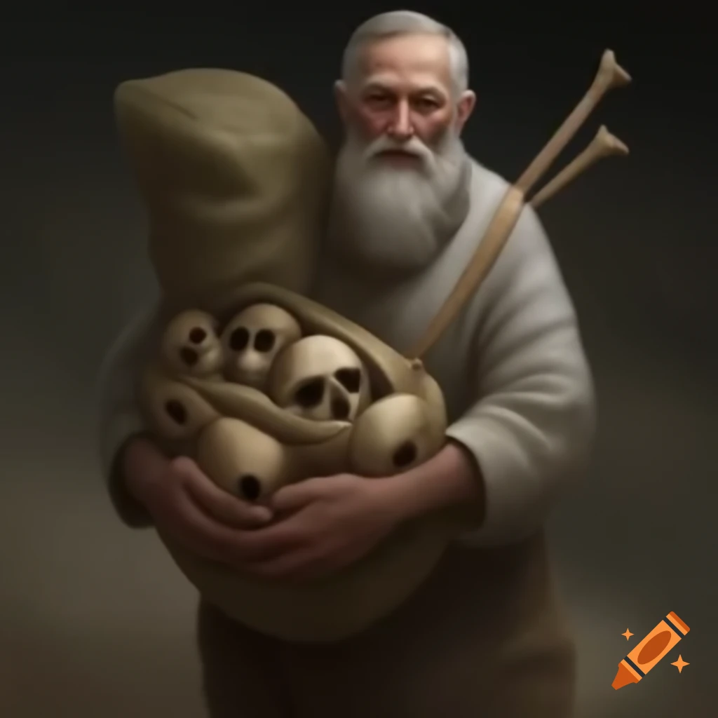 A metaphorical representation of a cursed individual carrying bones, symbolizing loss and eternal wandering