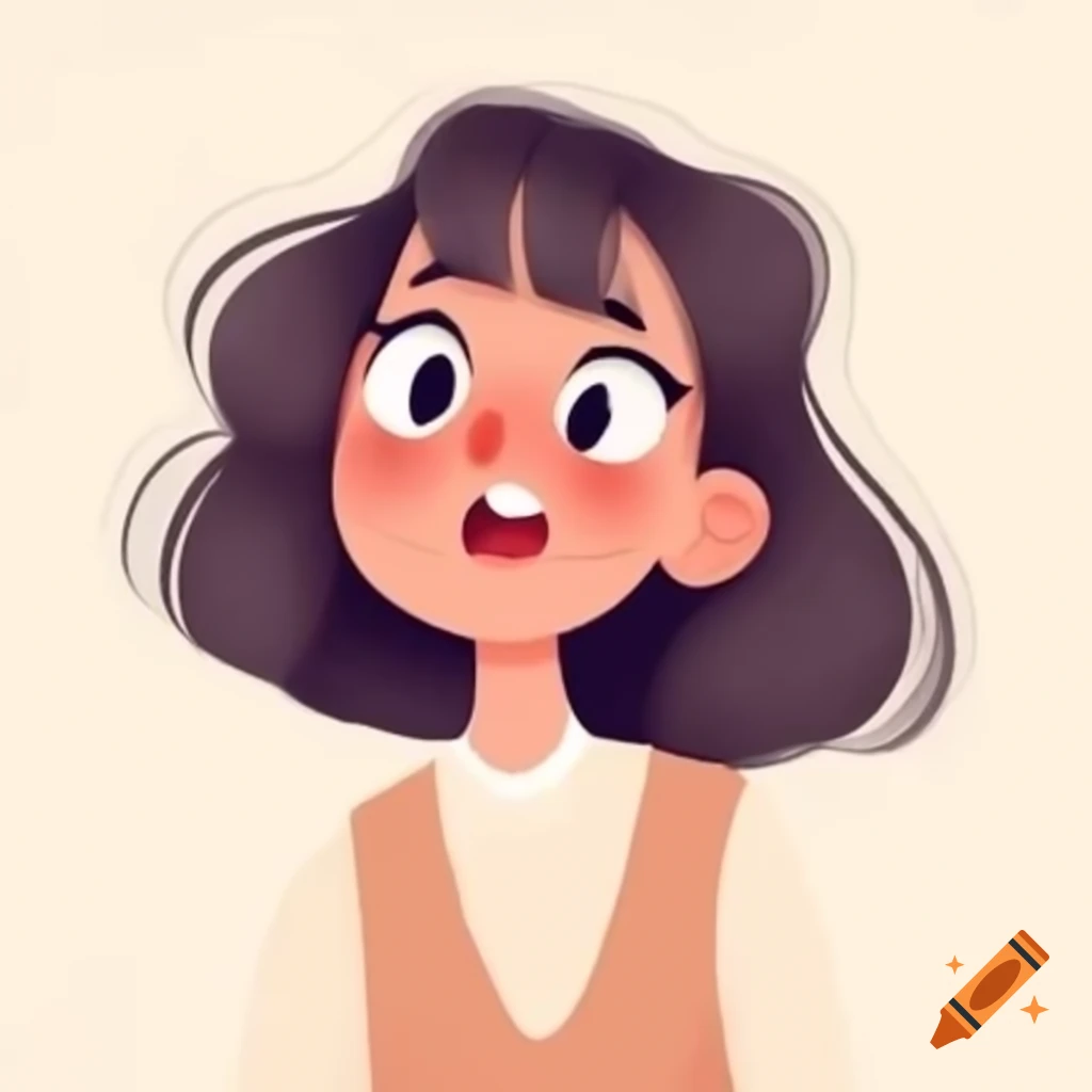 Animated character of a tall woman with long brown hair and bangs smiling