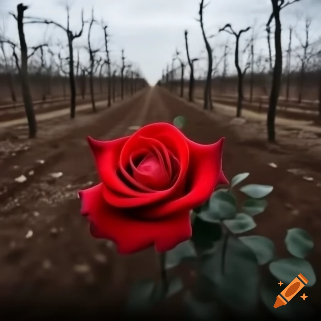 Lonely rose thriving in a decaying orchard filled with rotten fruit
