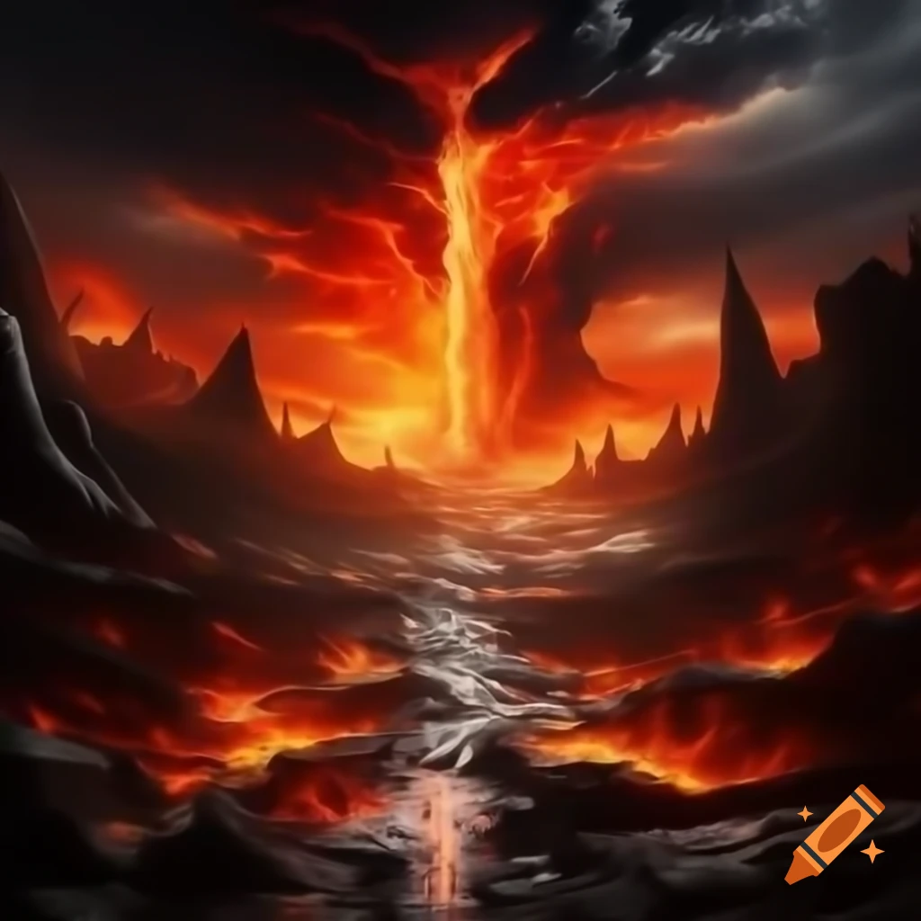 Fiery hell-themed landscape with flames and molten lava in 9:16 format