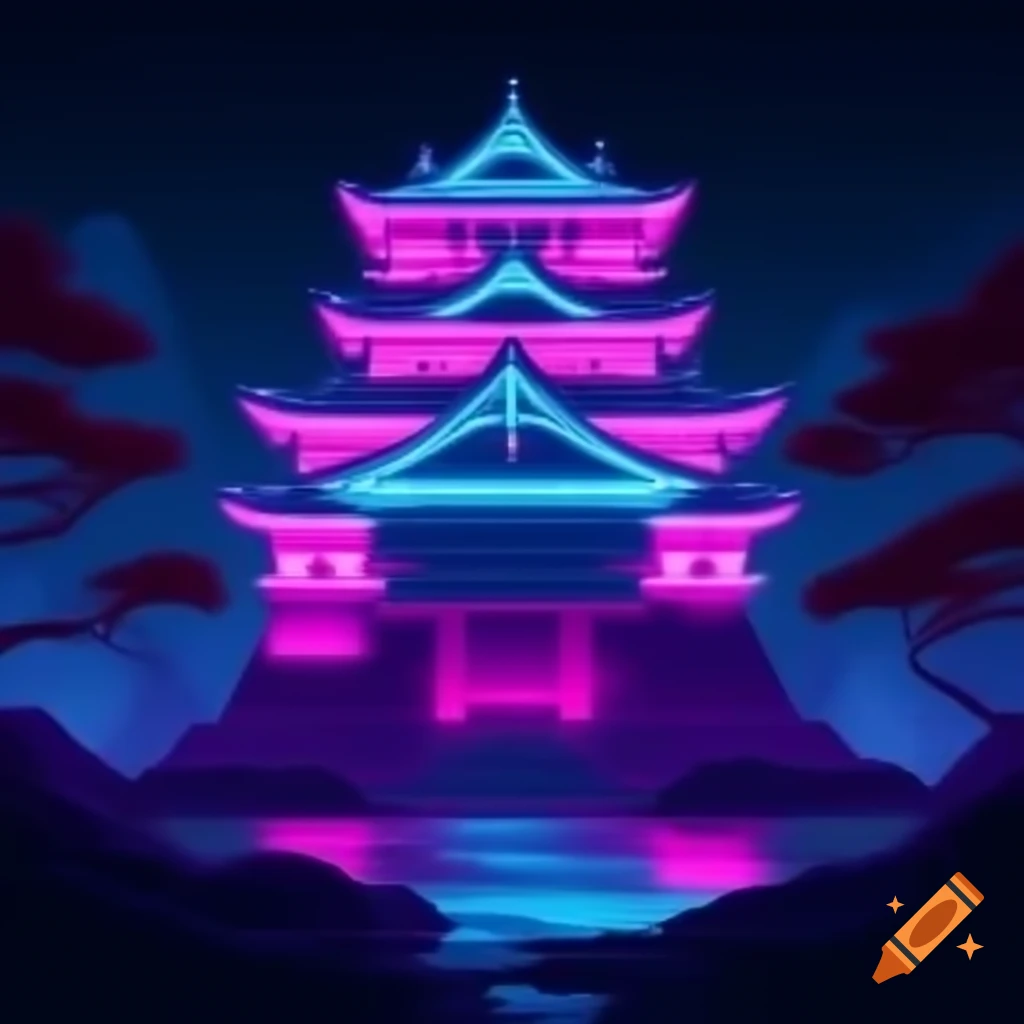 Neon-lit Japanese castle