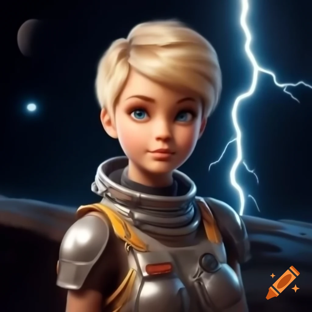 Feminine space schoolgirl with pixie cut and metallic sci-fi outfit, ultra-realistic
