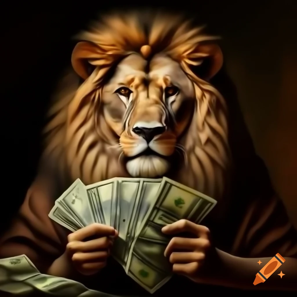 Ancient painting featuring a lion with money