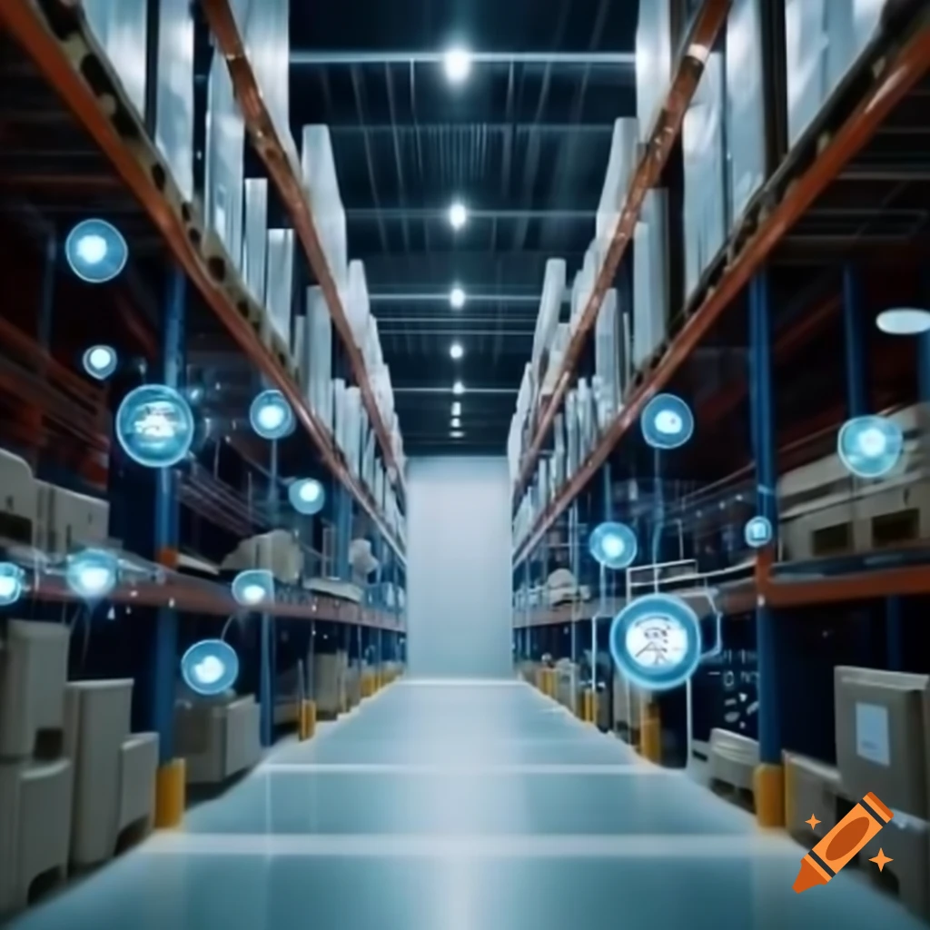 Futuristic warehouse with digital indicators and storage units