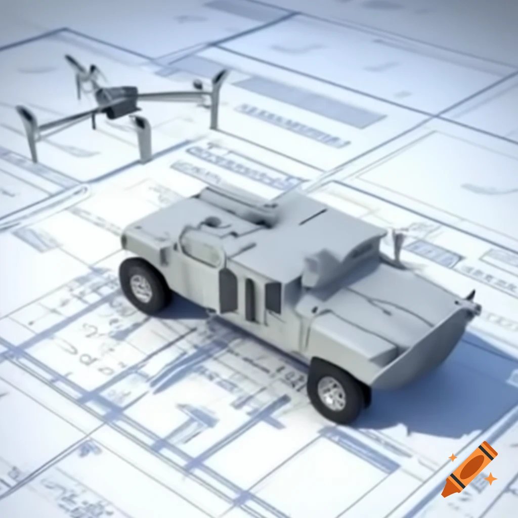 Blueprint schematic of a military mobile unmanned ground vehicle