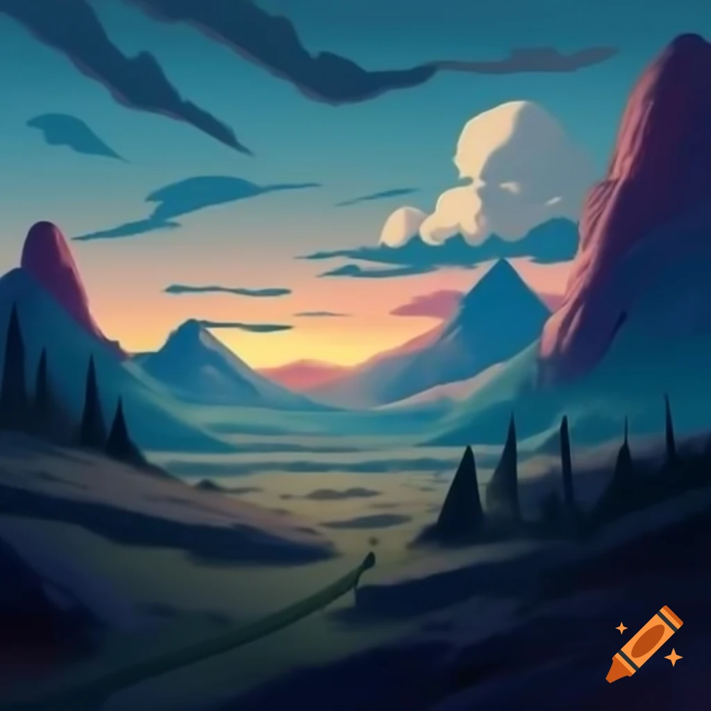 Surreal evening mountain landscape ideal for camping in Adventure Time style