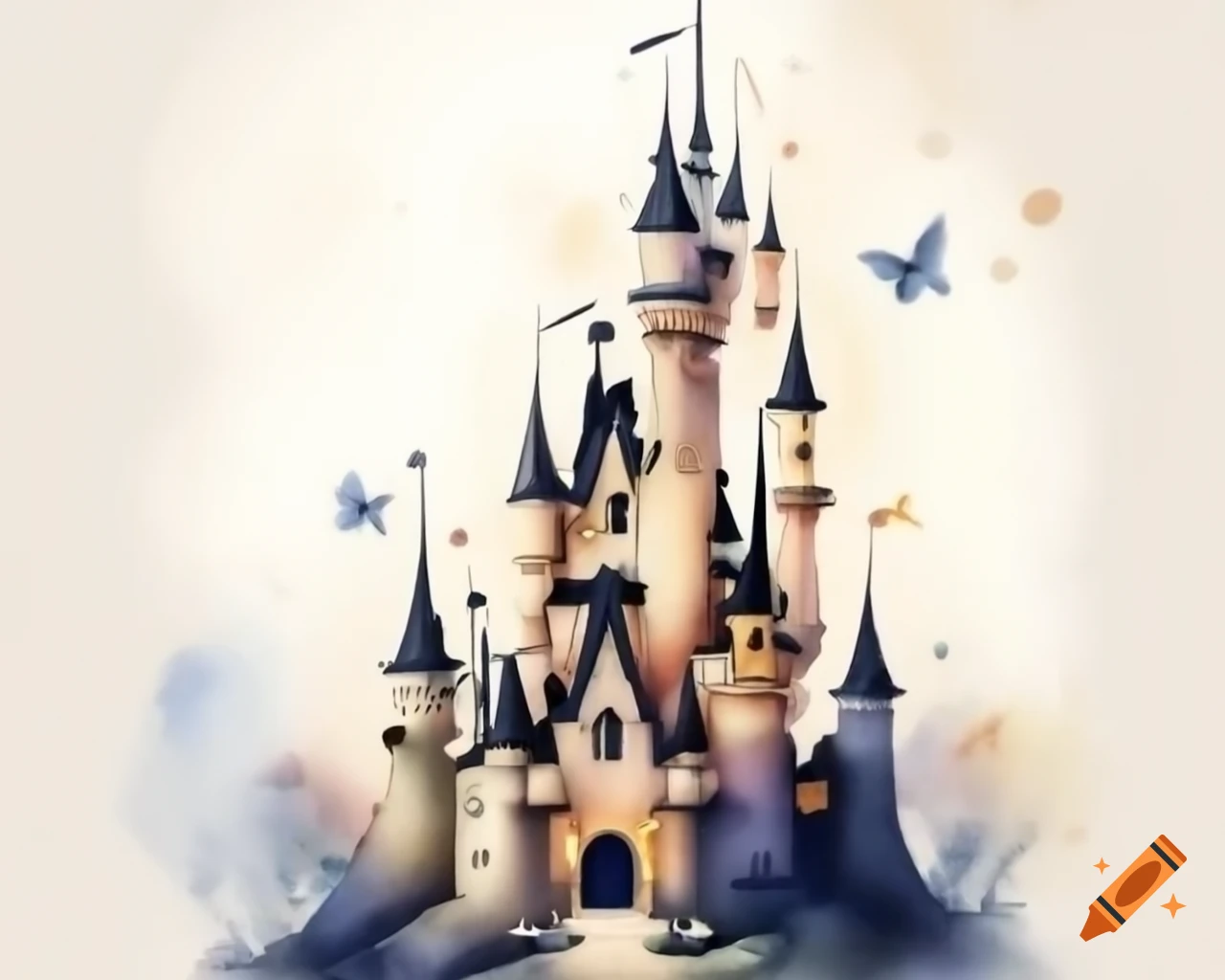 Watercolor fairy castle in black and gold storybook style
