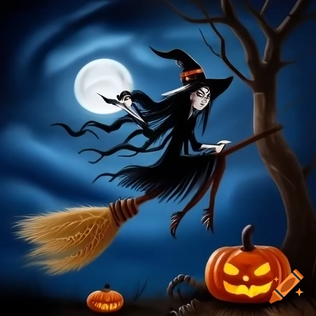 Witch silhouette flying on broomstick with moon, scary tree, and pumpkins in oil painting