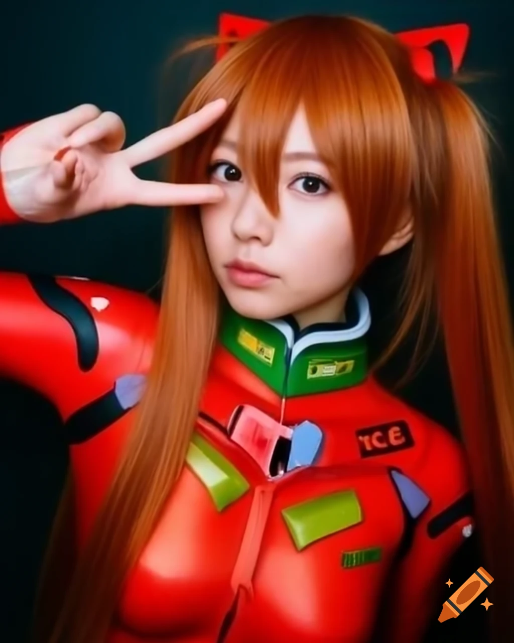 Vintage portrait of Japanese Asuka Langley cosplayer with peace sign at Comiket