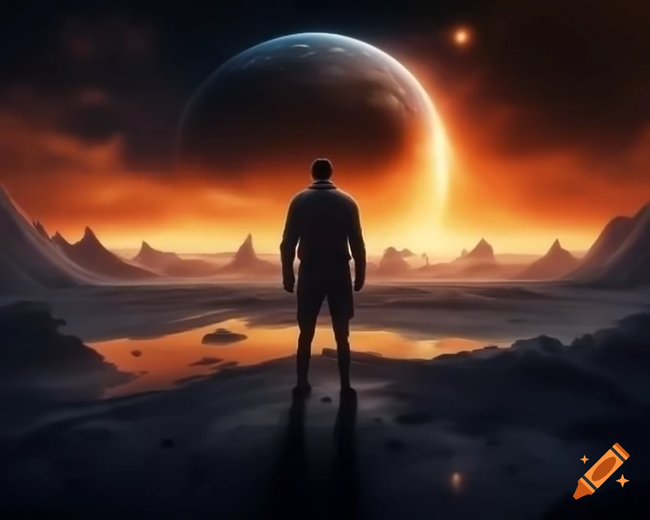 Man facing alien planet at dawn in a post-apocalyptic setting