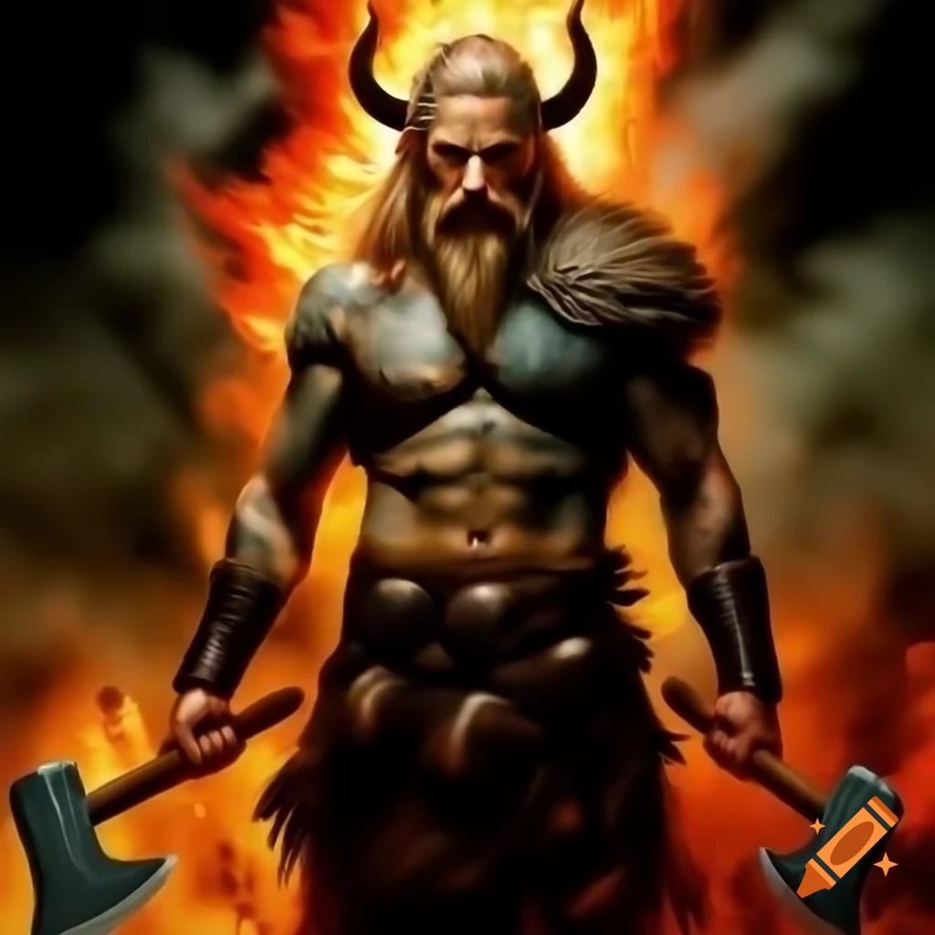 Heavily tattooed man in Viking regalia with axes against a backdrop of flames and smoke