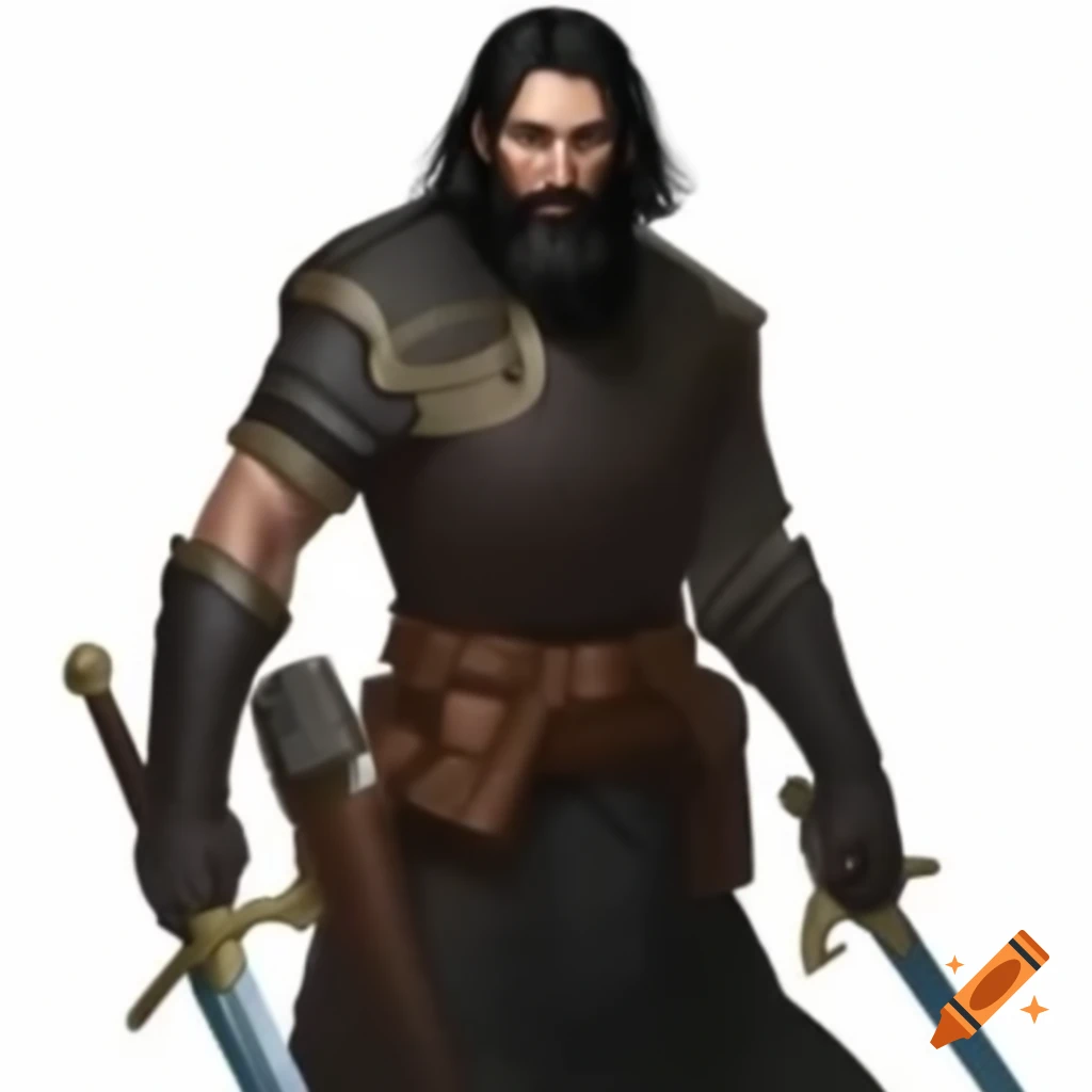 Strong male warrior with black hair and beard in tunic and armor, wielding swords
