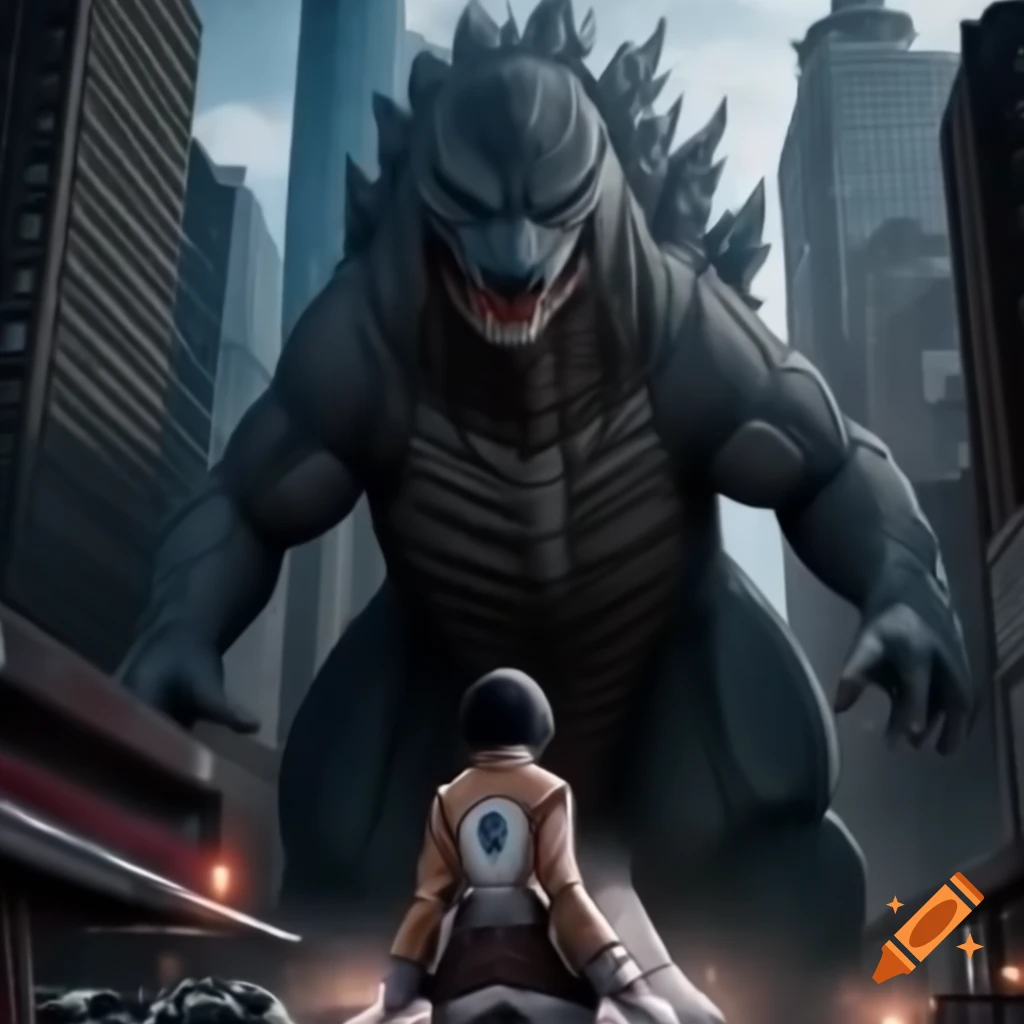 Mikasa Ackerman and All Might battling Godzilla over a city