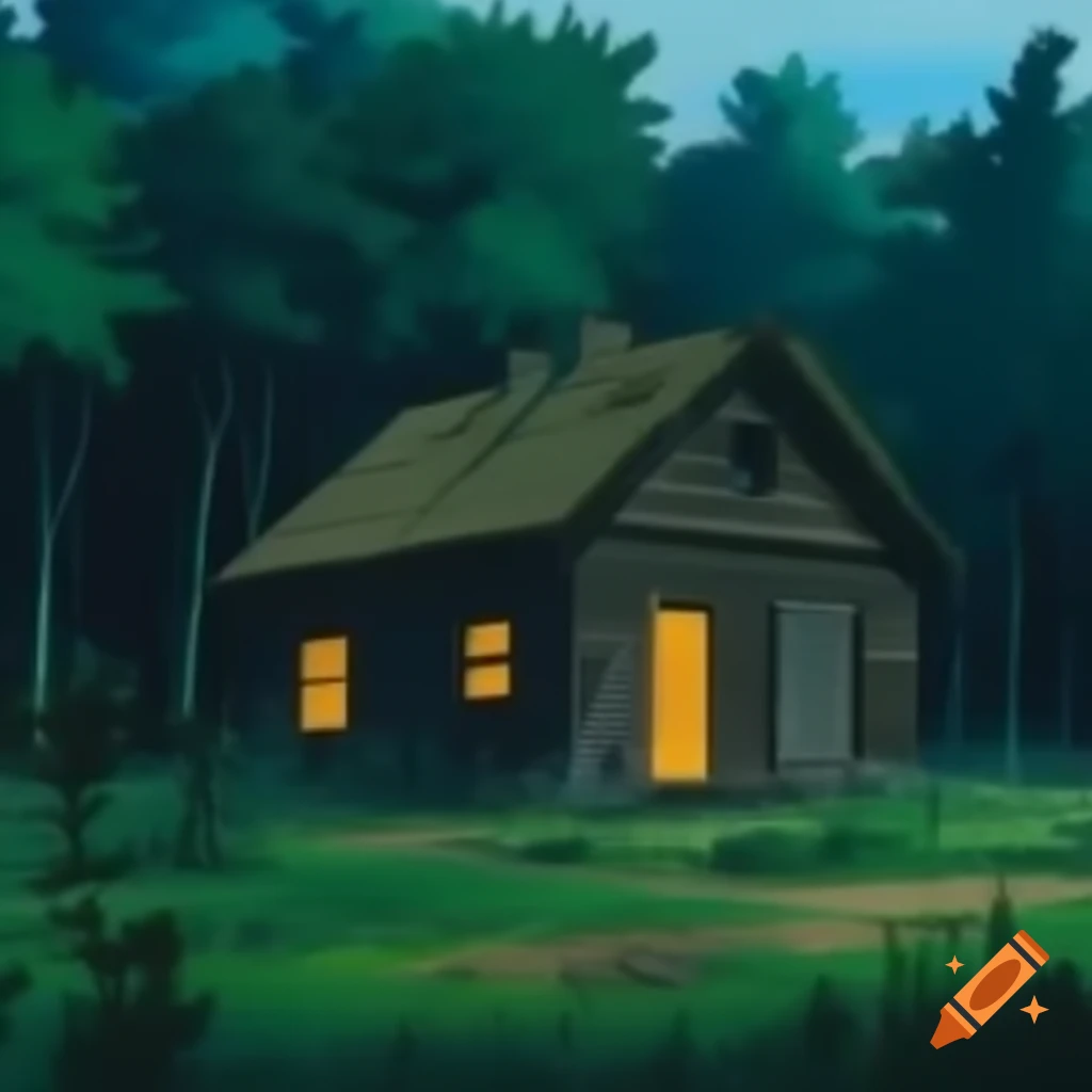 Abandoned wooden cabin in dark forest in Studio Ghibli style
