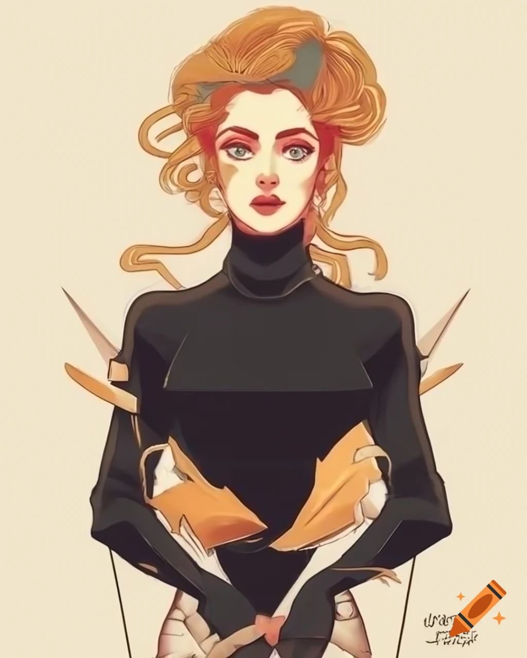 Blade master character design in line art, wearing armor and black turtleneck