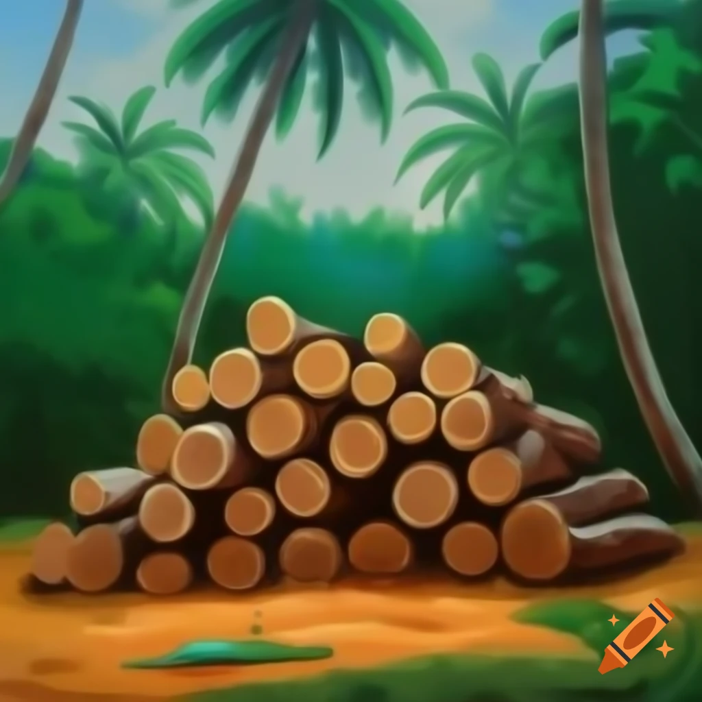 Detailed painting of a log pile in a tropical island clearing by Thomas Kinkade