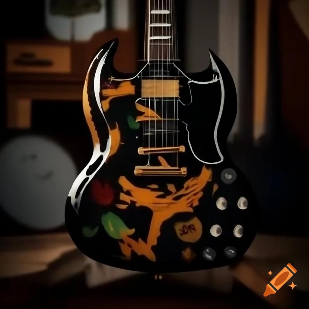 Black Gibson SG guitar with Russian folk Palekh lacquer painting