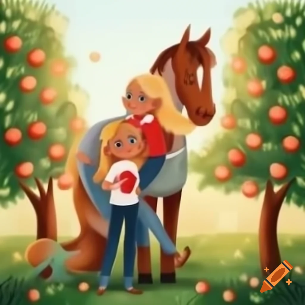 Blonde girls in t-shirts and jeans riding horses near apple trees