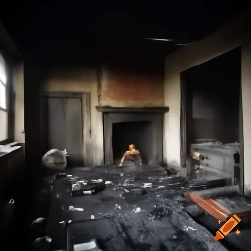 Completely burned room with remnants of ashes