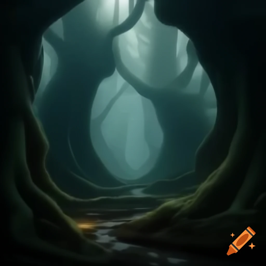 Mysterious dark jungle forest with dense foliage