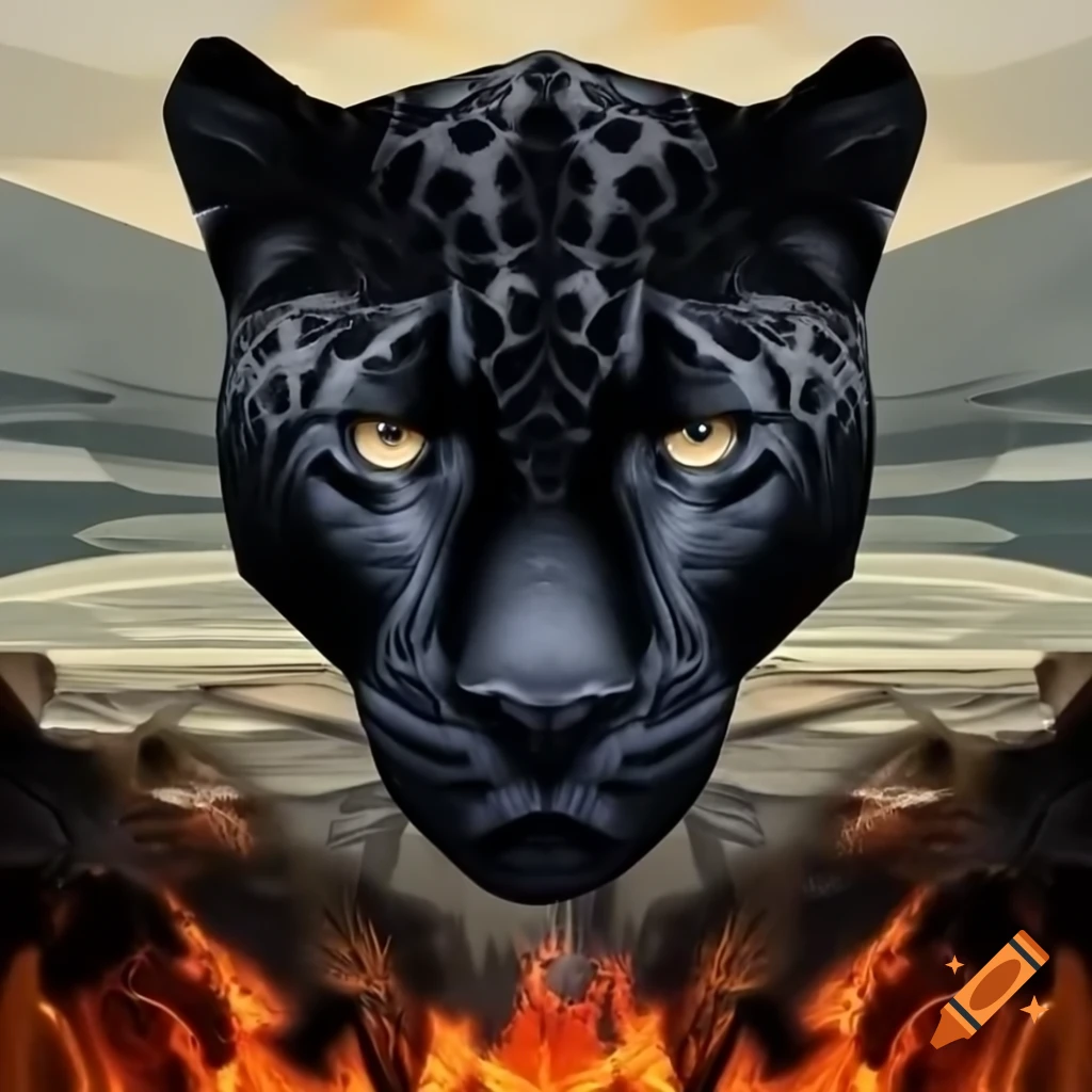 Abstract geometric black panther face painting with fire and water elements in Zao Wou-Ki and Julie Mehretu styles