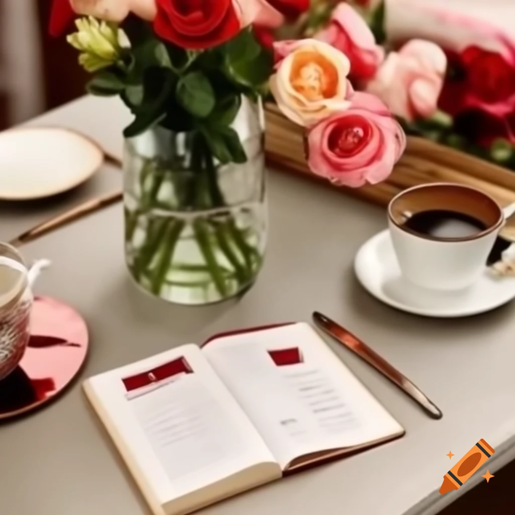 Close-up of table with vase of roses, love note, and coffee cup